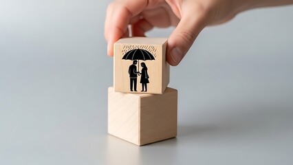 A person holding a wooden block with a protected couple silhouette under an umbrella logo on top of another block