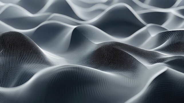 Abstract technology surface featuring flowing digital waves and a grid pattern, creating a modern illustration of data visualization, network concepts, or a digital landscape - Powered by Adobe