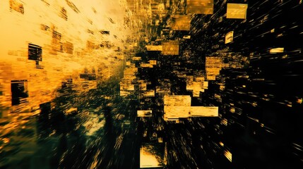 Abstract background showing many golden rectangular elements representing digital data flowing and connecting in a futuristic, complex network, creating a dynamic visual effect