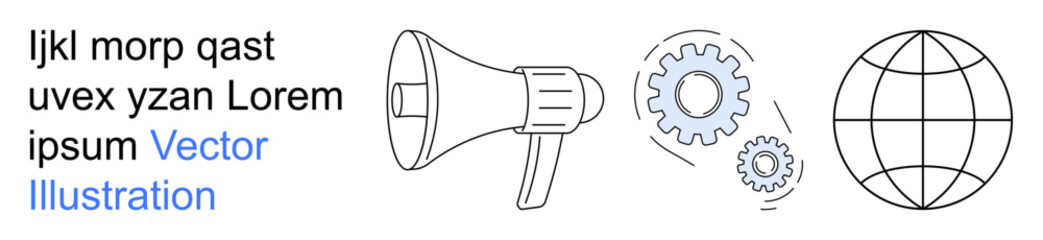 Marketing, communication, global reach, technology, networking, collaboration. Minimal design a megaphone, interconnected gears and a wireframe globe. Marketing and global reach concept