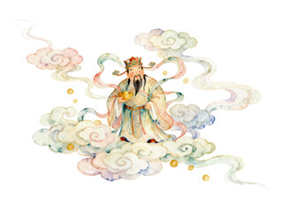 Wealth Deity Ascends: An illustration of a traditional figure associated with wealth and prosperity, depicted amidst billowing clouds and golden coins.