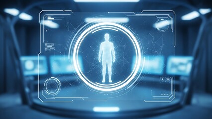 Futuristic digital human interface with glowing blue holographic projection in a futuristic laboratory setting with multiple screens
