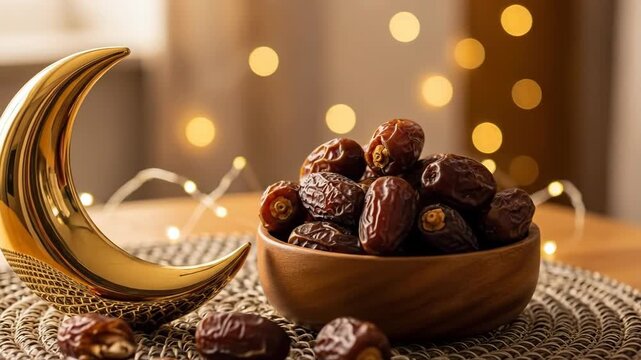 Golden crescent and dates illuminated with festive bokeh lights, symbolizing ramadan celebration and tradition
