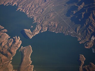 aerial view of water and mountains