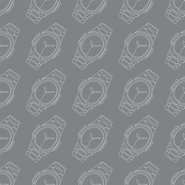 Seamless Luxury Wrist Watch Line Art Pattern. Hand drawn analog wrist watch background for fabric, textile, print, wrapping paper or package design.
