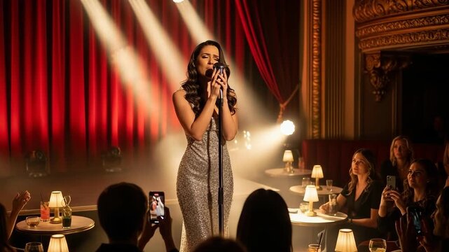 Adult female singer performs live on stage under bright spotlights. An elegant audience enjoys the musical performance in a dimly lit club. Guests record the show with smartphones