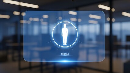 Futuristic holographic display with human silhouette in a blurred office background setting with blue tones and glowing light effects