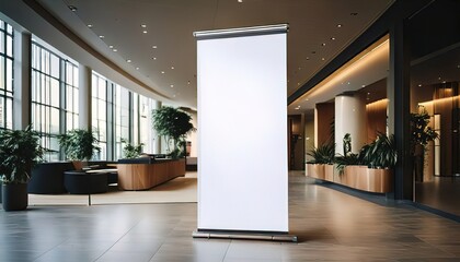 Realistic mockup of a vertical advertising standee or roll-up banner in a modern interior lobby