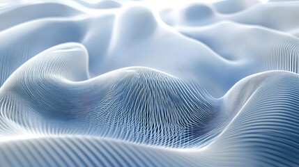 Abstract network of flowing lines undulating across a soft blue and white surface, forming a dynamic and intricate digital topology representing data, technology, or fluid motion