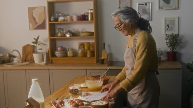 Medium long shot of aged Caucasian woman in apron talking to pre-teen granddaughter using cookbook while cooking at home kitchen