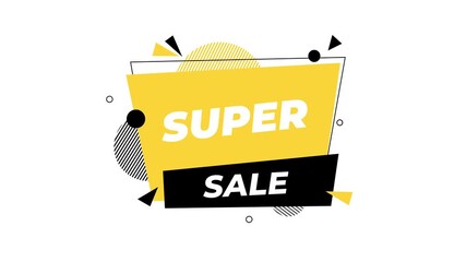 Modern super sale animated banner with bold typography and colorful geometric shapes, ideal for promotions, discounts, retail campaigns, and social media marketing videos.