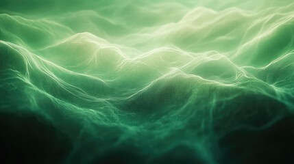 Abstract green digital rendering showing a flowing, undulating particle network, creating a futuristic and organic texture, ideal for technology and scientific concepts