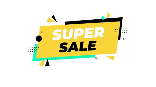 Modern super sale animated banner with bold typography and colorful geometric shapes, ideal for promotions, discounts, retail campaigns, and social media marketing videos.