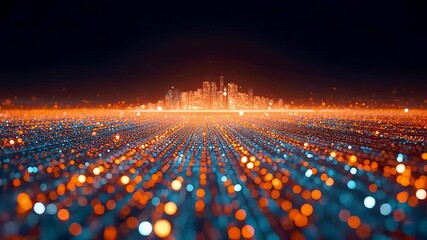 Glowing digital city horizon above vast illuminated data field with depth perspective showing large scale network technology and modern urban expansion - Powered by Adobe