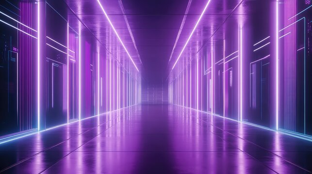 Abstract digital corridor extending into the distance, reflecting vibrant purple and blue neon lights, symbolizing future technology, data flow, and virtual reality connections - Powered by Adobe