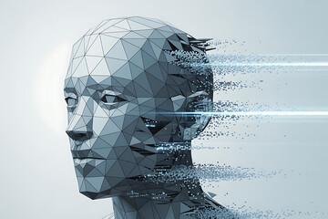 Disintegrating polygonal human head with futuristic digital effect