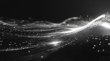 Digital particles forming undulating waves, illustrating concepts of big data, network connections, information flow, and artificial intelligence in a technological gray scale abstract background