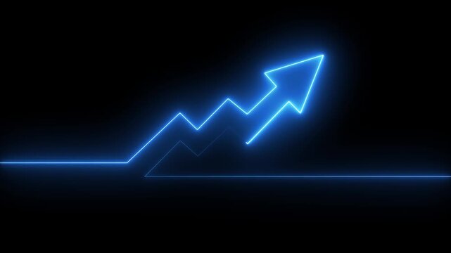 Glowing neon arrow business graph chart icon animation background. Market Recovery Concept. Successful growth trend Green line graph going Up.