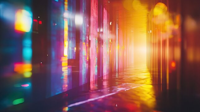 Abstract digital pathway glowing with vibrant colorful light and reflections, extending into a bright, energetic future, representing data flow and connectivity - Powered by Adobe