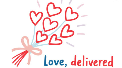 A minimalist bouquet illustration of red hearts with a pink bow on white background expressing love