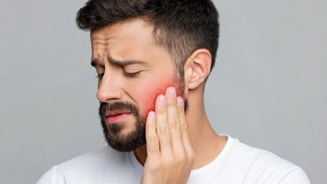 A man grimacing in pain, holding his cheek where red highlights indicate discomfort, a toothache or facial pain.