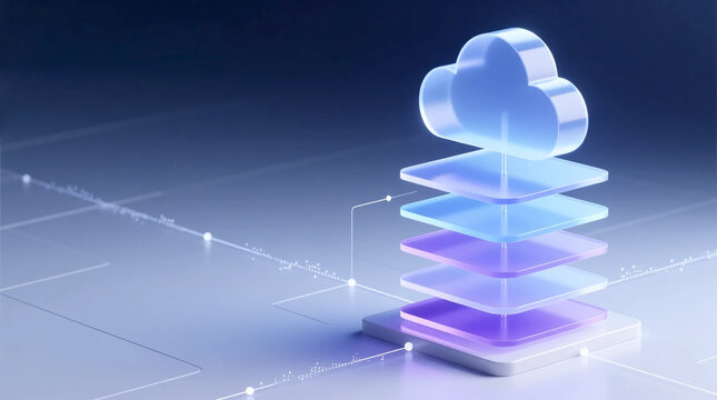 Business Cloud Diagram Visualization on the Right Side Showcases Vertical Data Cloud Layers of Transparent Stacked Platforms for Modern Enterprise Use and Cloud Architecture