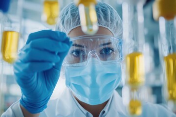 A scientist examines a yellow liquid in a test tube within a bright laboratory setting while wearing protective gear.