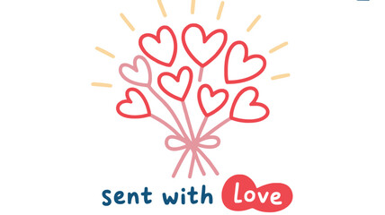 A minimalist bouquet design showing eight hearts on stems tied with a bow on a white background expressing love