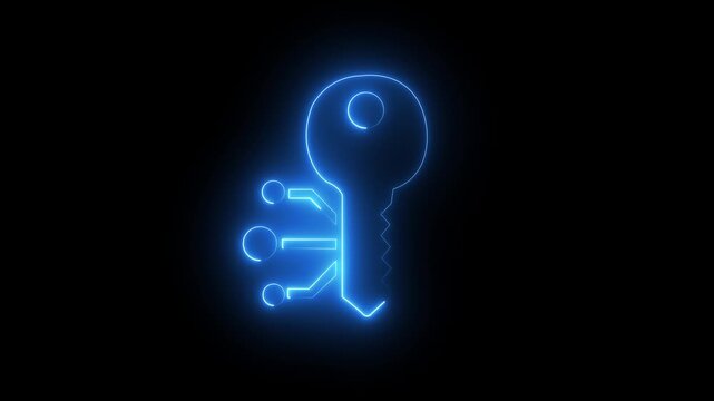 Neon line Cryptocurrency key icon isolated on black background. Digital encryption concept with cyber key symbol, secret, privacy, computer security and data safety icon loop 4K Video.