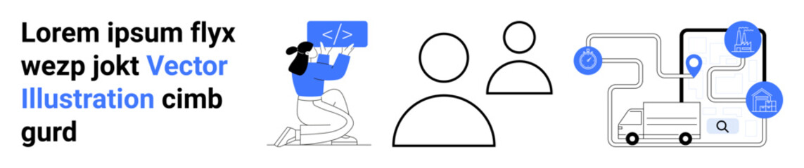 Technology, networking, coding, logistics, data management, user profiles. A person coding, user icons and interconnected logistics diagram. Technology and networking concept for connectivity