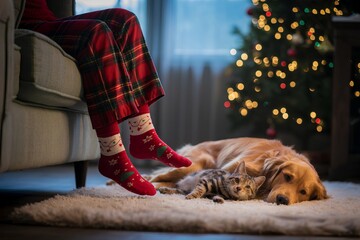 Cozy christmas moment: person in festive pajamas relaxing with their dog and cat by the twinkling tree