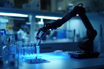 A robotic arm carefully handles a test tube in a modern laboratory setting with blue lighting.