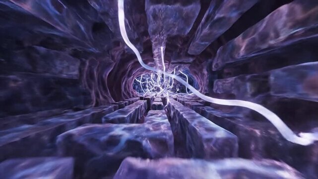 Abstract digital tunnel with glowing lines and futuristic design elements.