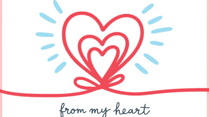 A minimalist valentine's day design featuring intertwined red hearts with blue rays on a white background with pink border and from my heart