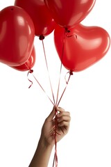 Hand holding bouquet of bright red heart-shaped balloons, symbolizing love, celebration, anniversaries, or proposals