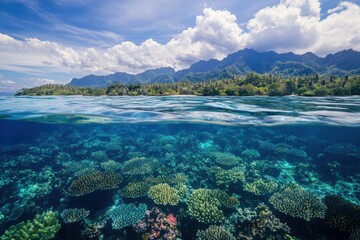 The clear blue ocean reveals vibrant coral formations below a tropical island shoreline under a bright sky.