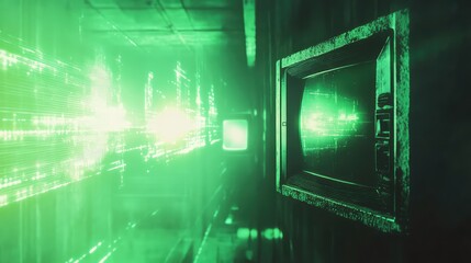 Old television screens showing glowing digital data flows through a futuristic, dark green environment, representing concepts like data, technology, cybersecurity, and virtual reality
