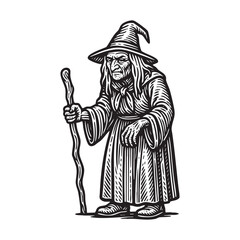 Woman Witch Illustration in Detailed Black and White Outline Line Art Drawing