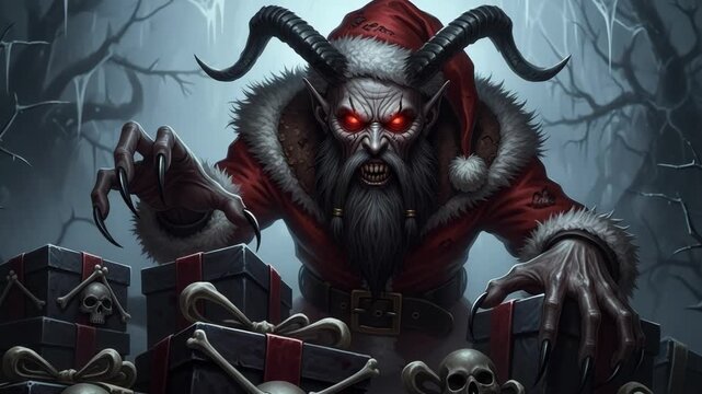 Horrific krampus creature with glowing red eyes and sharp claws reaching for dark skull gift boxes. A terrifying holiday monster in a chilling winter forest setting
