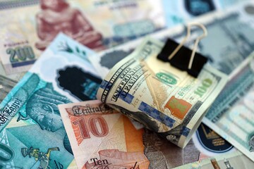 Egyptian pound currency money bills and bunch of us dollar banknotes close up. The concept of economics and currency exchange