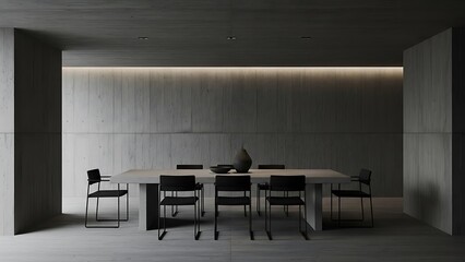 brutalist dining room interior design with monolithic concrete walls and ceiling