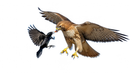 Hawk attacking a bird in flight isolated on transparent background