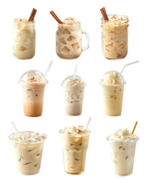 Refreshing summer drink horchata almond milk, iced coffee with milk and ice cubes isolated on white transparent