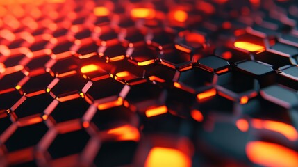 Interconnected dark hexagonal grid with a vibrant red and orange glow beneath creating an abstract background representing technology, data, and connectivity in a modern and futuristic digital world