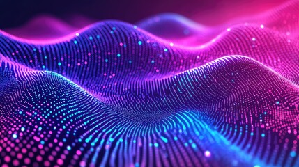 Abstract digital waveform displaying glowing particles and lines moving in a dynamic fluid motion, representing data, sound visualization, or network communication