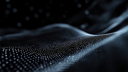 Abstract technology background showing white glowing particles forming a dynamic wave surface, representing data visualization, connectivity, and modern network concepts