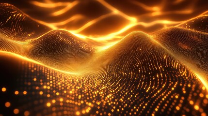 Glowing golden particles form an abstract undulating digital landscape representing data flow, energy connection, and technological innovation across a network