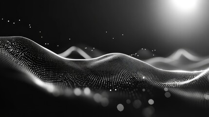 Glowing digital particles creating an abstract wavy surface, visualizing data flow and complex interconnected systems in a futuristic technology background