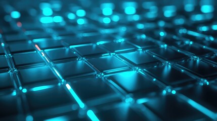 Futuristic technology background displaying a grid of glowing blue lines and interconnected squares, representing concepts of data, communication, and innovative computing