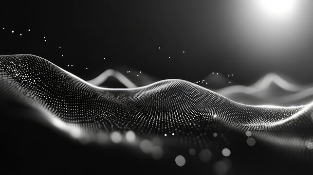 Glowing digital particles creating an abstract wavy surface, visualizing data flow and complex interconnected systems in a futuristic technology background - Powered by Adobe